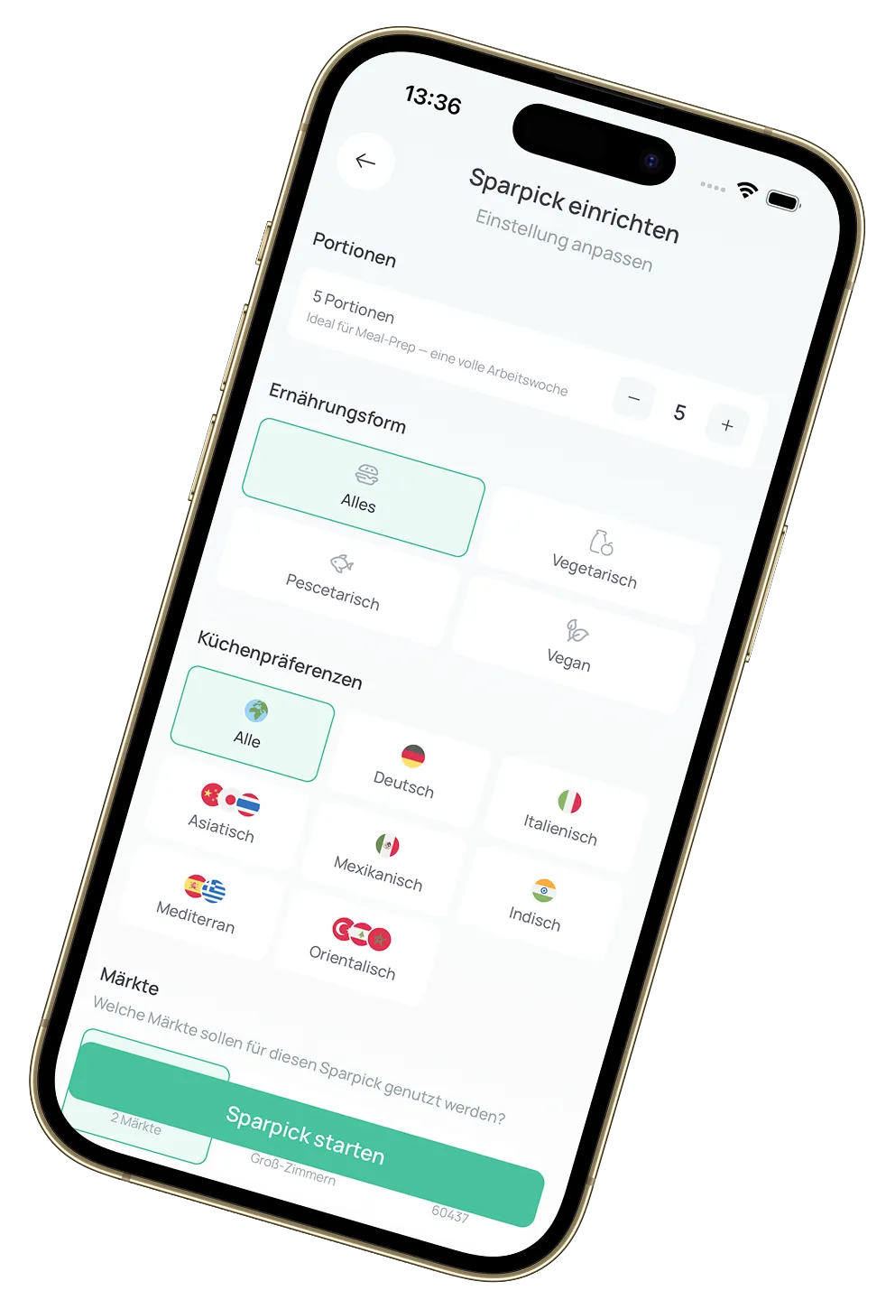 Sparchef App – Sparpick einrichten: Ernährungsform, Küche & Rezeptpräferenz wählen